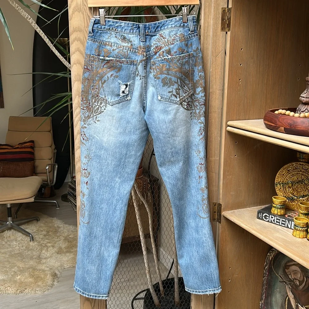 Free People Distressed Gold Paint Stencil Denim Jeans